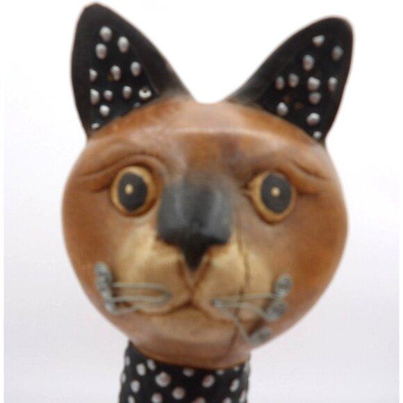 Wooden Cat Statue Hand Carved Embellished Metal Wire Whiskers Unbranded Unsigned - Picture 5 of 10